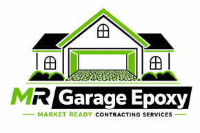 Logo for MR Garage Epoxy, with a house and garage illustration in black, gray, and red, plus “Market Ready Contracting Services”