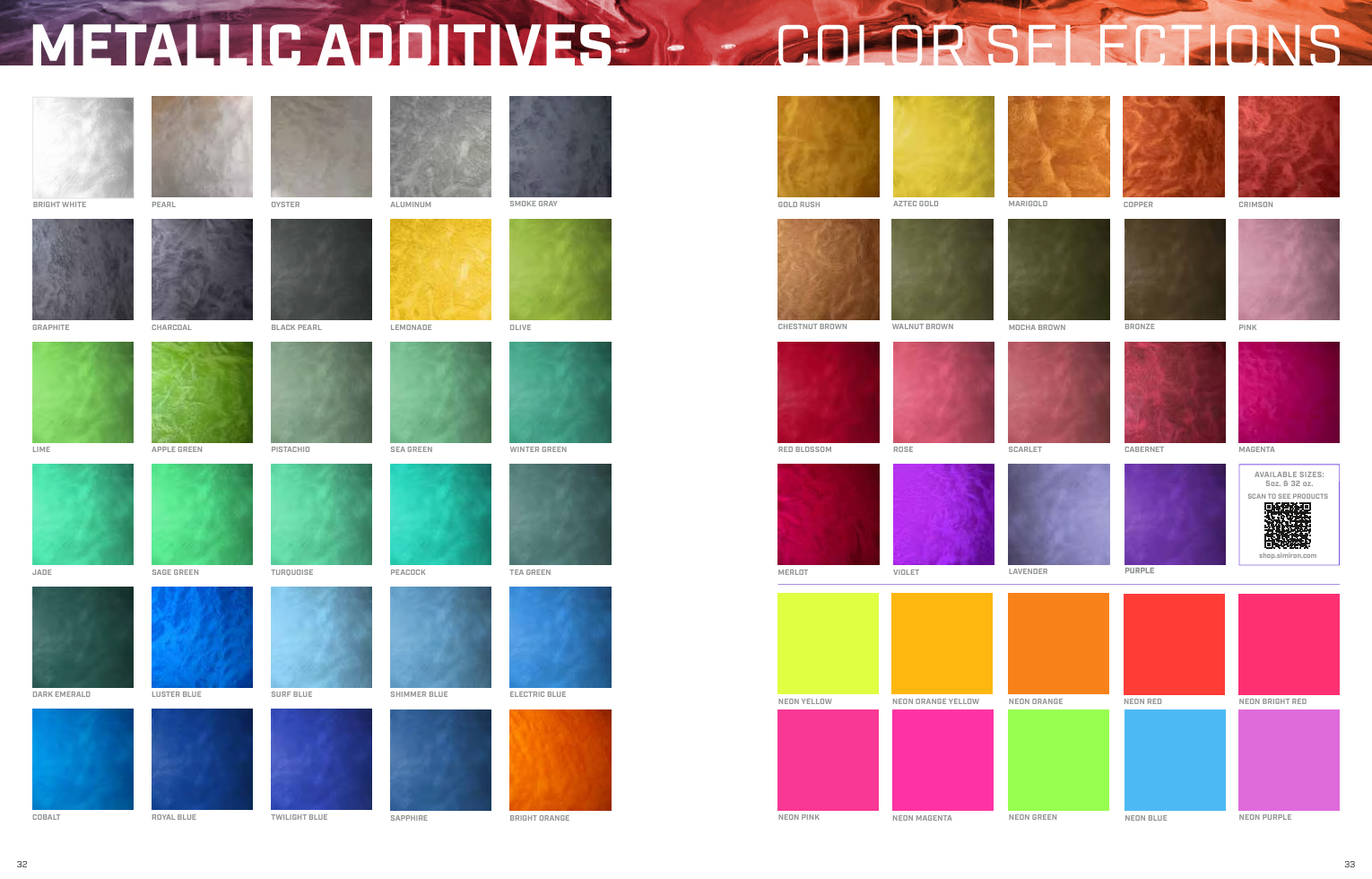 Color swatch chart with metallic and colored jewel-toned squares in rows on a white background