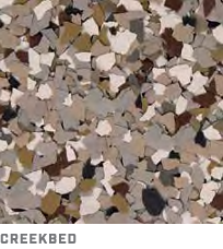 Mixed tan, gray, and white creek bed gravel stones with the label “CREEKBED” below.