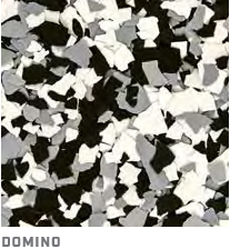 Black, white, and gray confetti scattered densely across a dark background with “DOMINO” text at bottom.