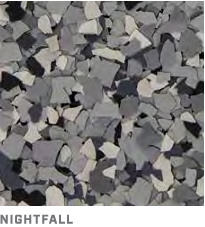 Gray and black stone pebbles with the word “NIGHTFALL” at the bottom