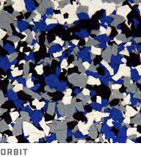 Abstract mosaic of blue, white, black, and gray shapes with the word “ORBIT” at the bottom left