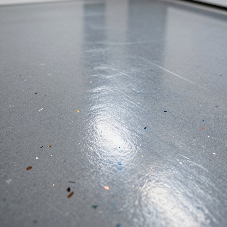 Close-up of a gray speckled floor with a bright reflection and scattered small debris
