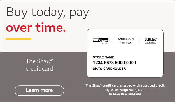 The Shaw credit card ad: “Buy today, pay over time” with white card and Learn more button
