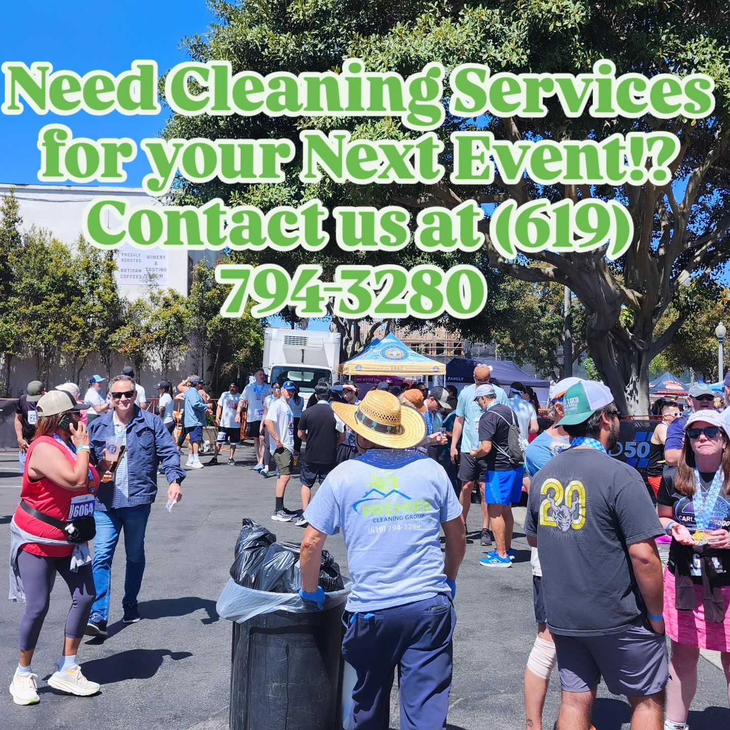 Crowded outdoor event with text: “Need Cleaning Services for your Next Event? Contact us at (619) 794-3280”