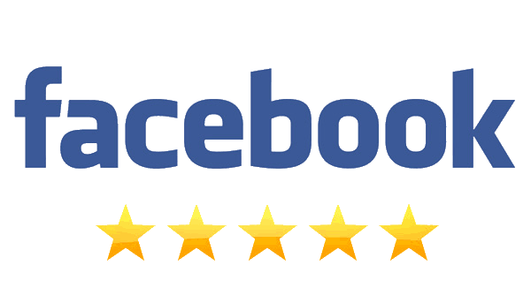 Facebook logo with four gold star ratings.