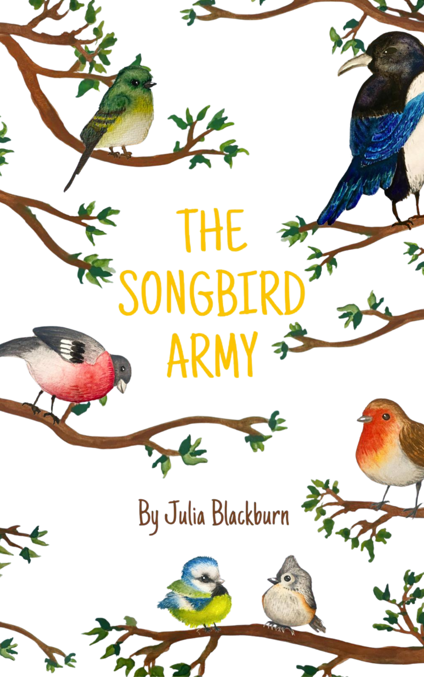 Book cover of *The Songbird Army* by Julia Blackburn], a children’s story about garden birds uniting to protect their home.