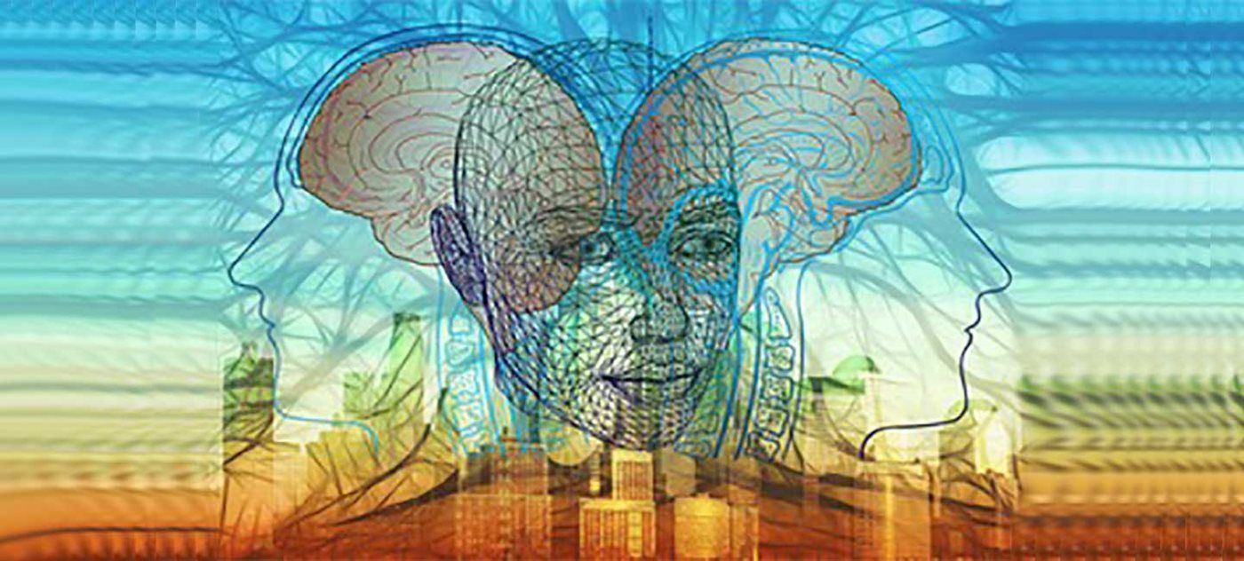 Abstract multicolored human face montage with layered profiles and circuitry-like lines