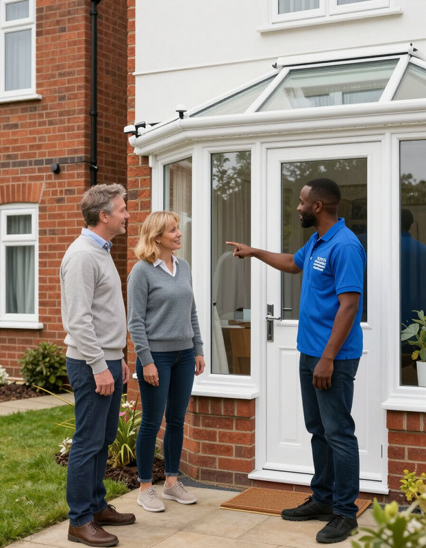 UPVC installer speaking with homeowners