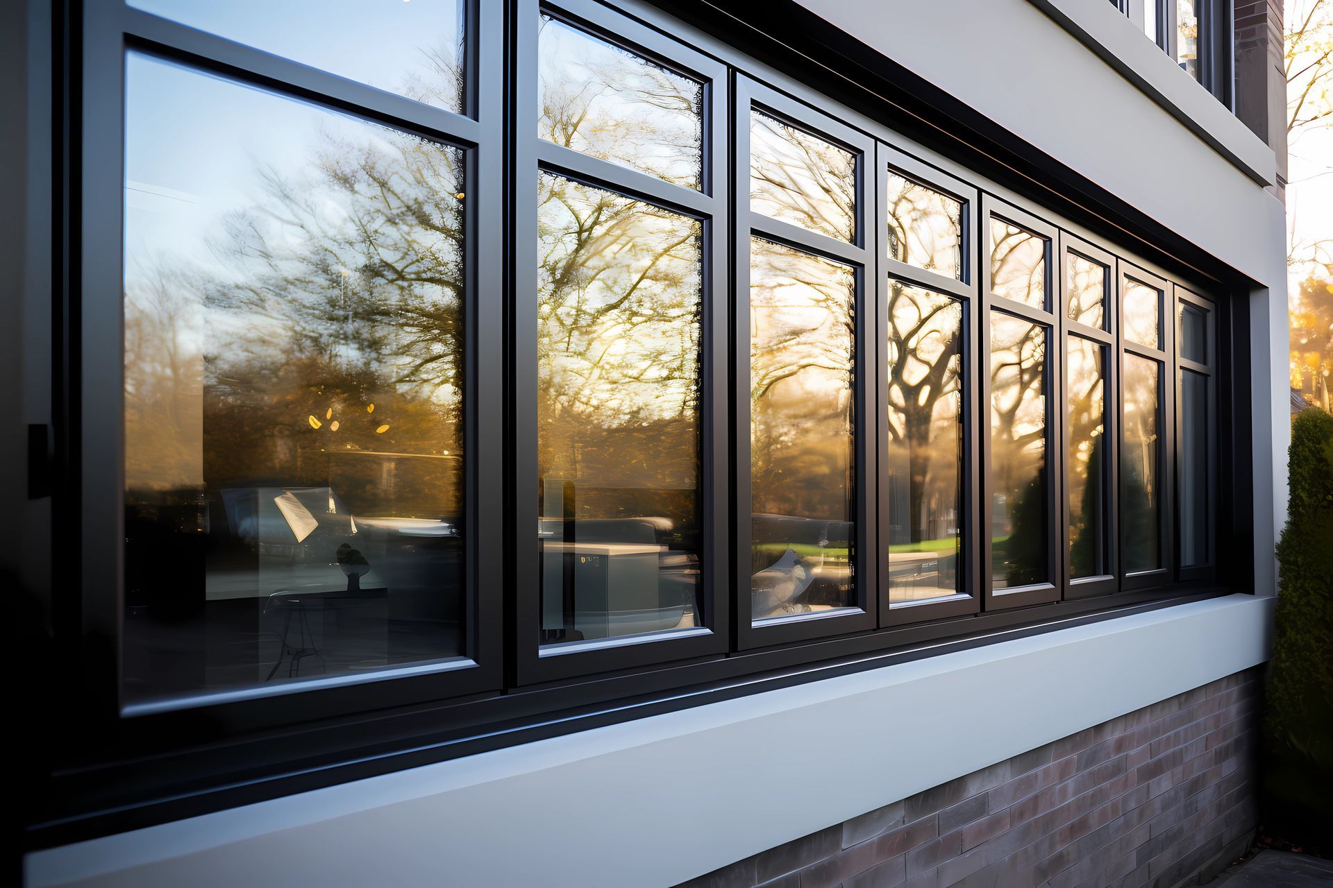 Open white casement window on a building exterior, reflecting trees in the glass.