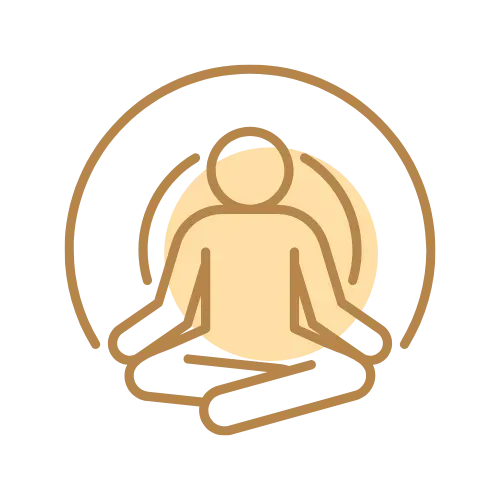 Gold line icon of a person meditating cross-legged with a halo-like circle around them