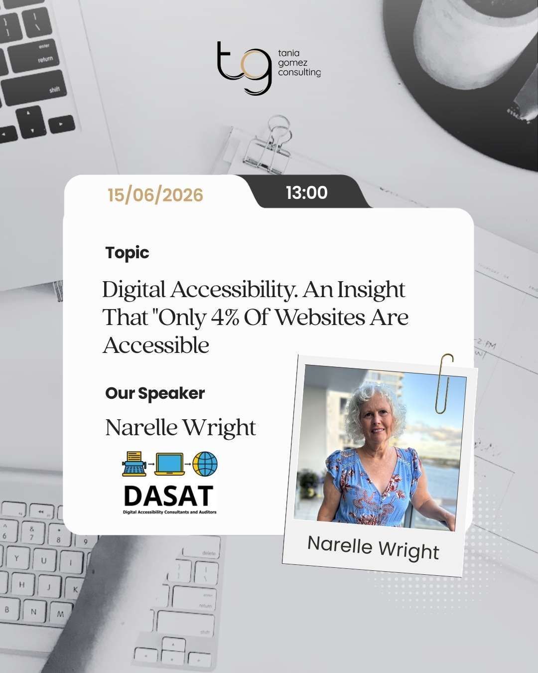 Webinar flyer for “Digital Accessibility” with speaker Narelle Wright and date/time details.