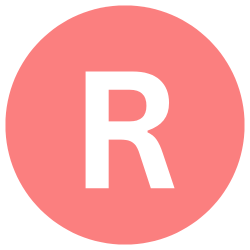 White letter “R” on a pink circle background