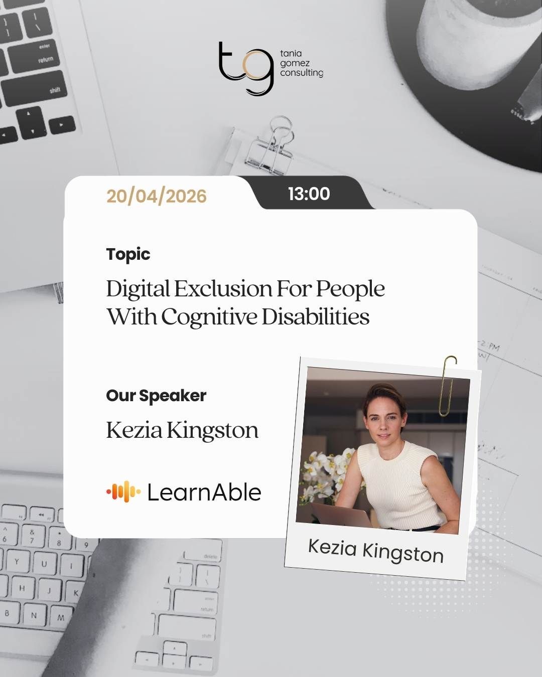 Event poster for a talk on digital exclusion for people with cognitive disabilities, featuring Kezia Kingston and LearnAble.