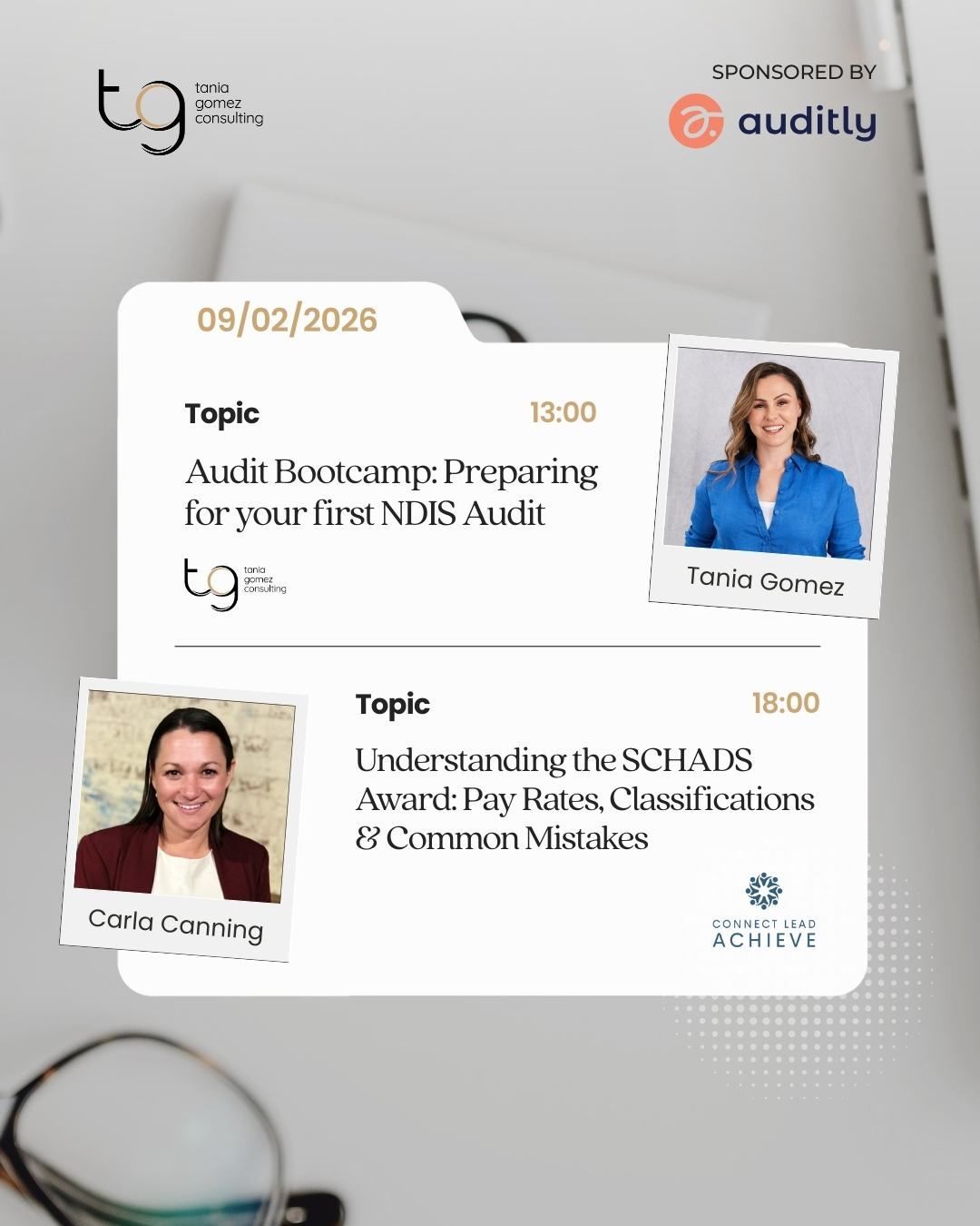 Promotional flyer for August 2026 audit events with two speaker headshots and session topics on a white background