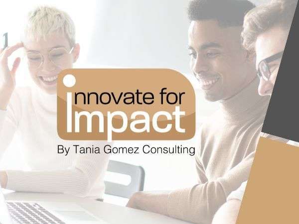 Innovate for Impact logo over a bright meeting scene with three smiling coworkers