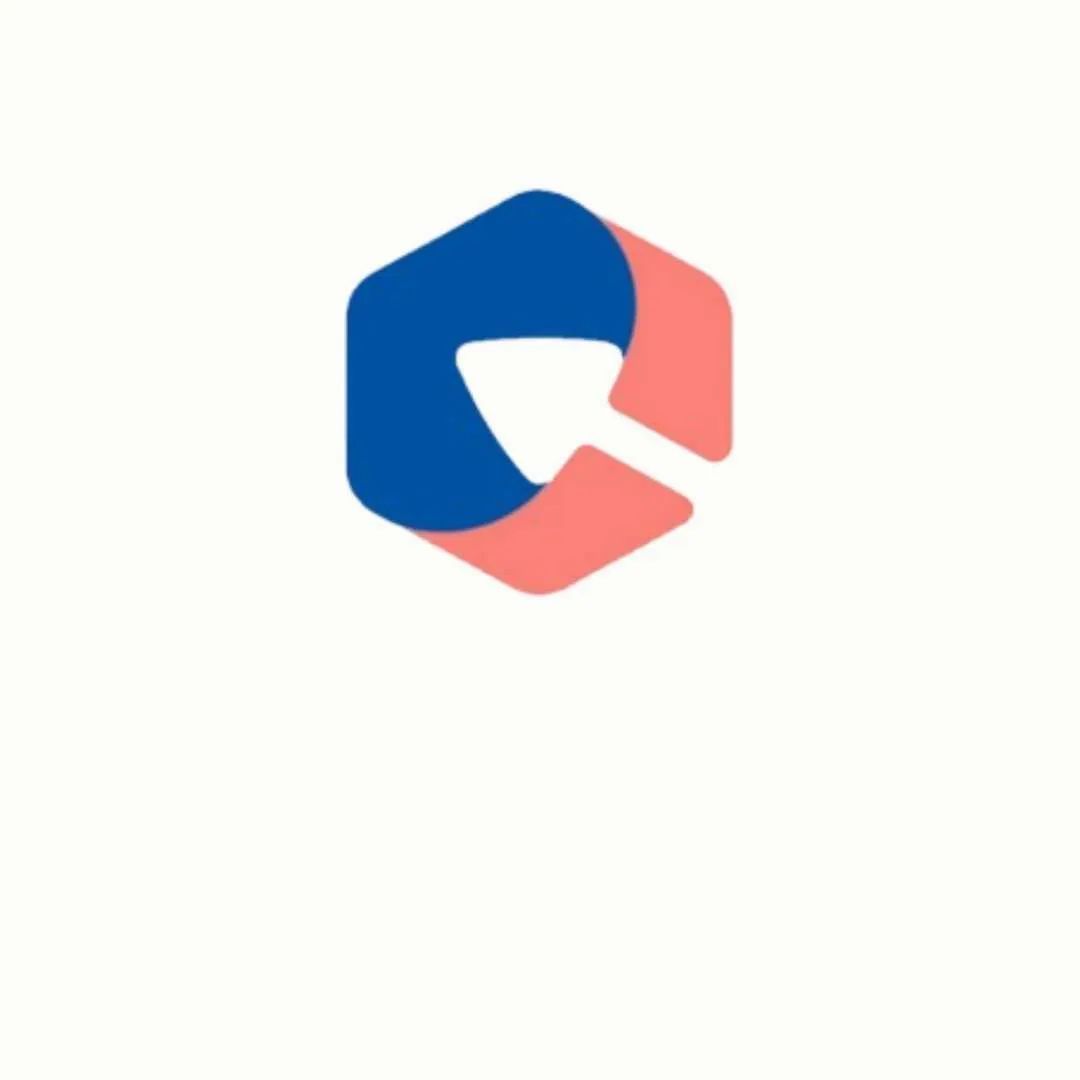 Blue and coral abstract hexagonal logo with a white center on a light background