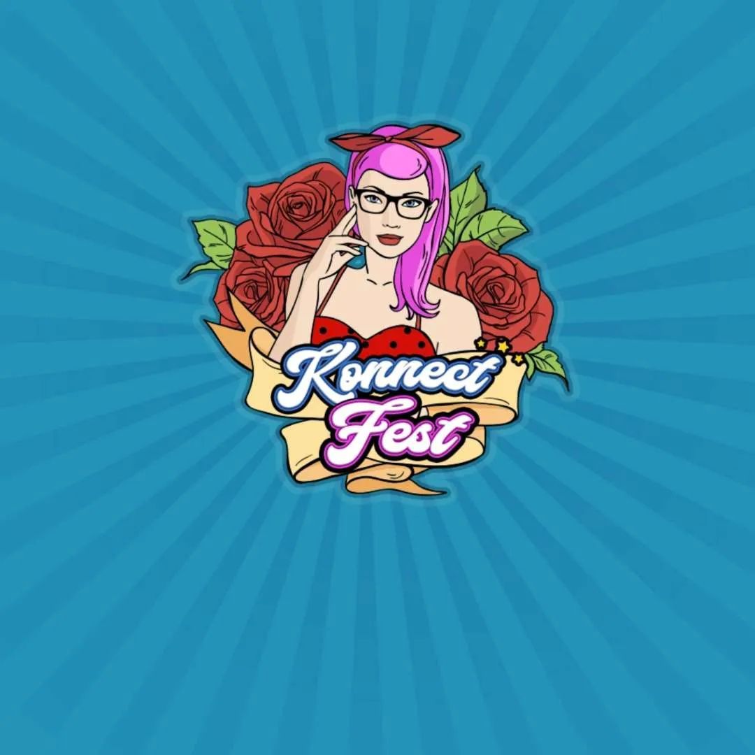 Kawaii Fest logo with pink-haired cartoon woman, roses, and blue radial background