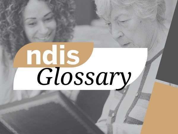 NDIS Glossary title over grayscale photos with an orange label and white text band