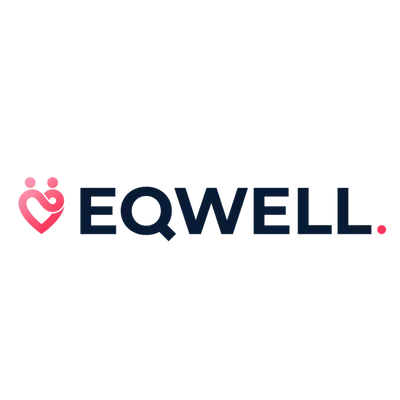 EQWELL logo with pink heart icon and dark blue text on a white background