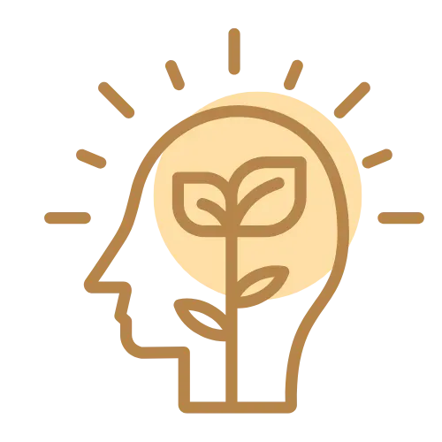 Line-art human head with a plant growing inside, surrounded by sun rays in warm beige tones