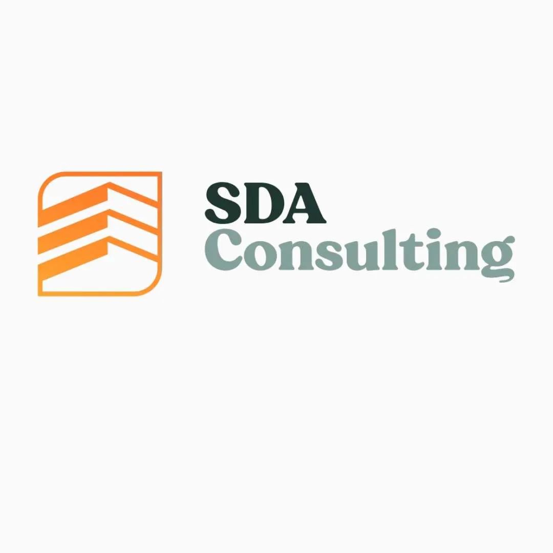 SDA Consulting logo with orange icon and dark green-gray text on white background