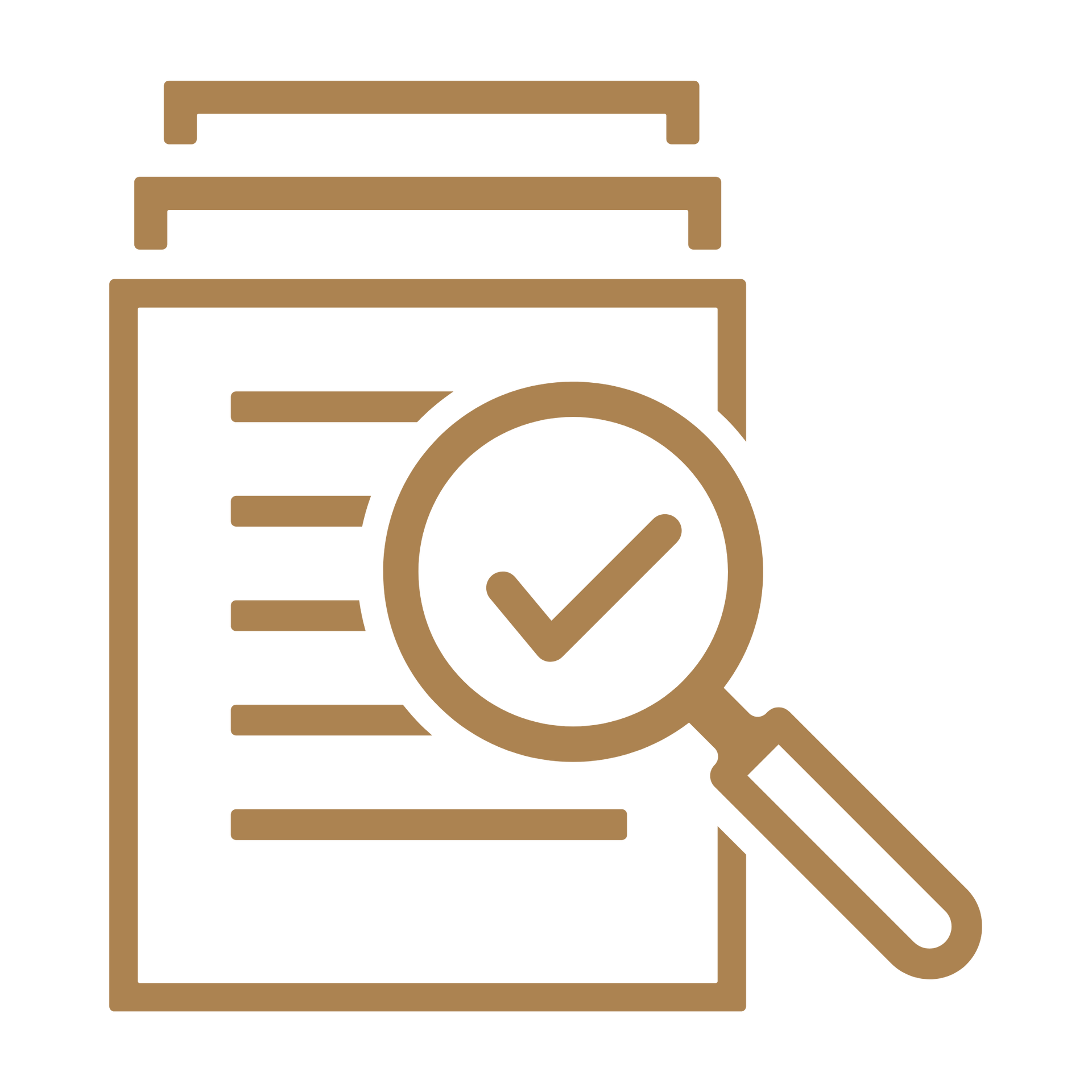 Clipboard with checklist and magnifying glass icon in brown line art.