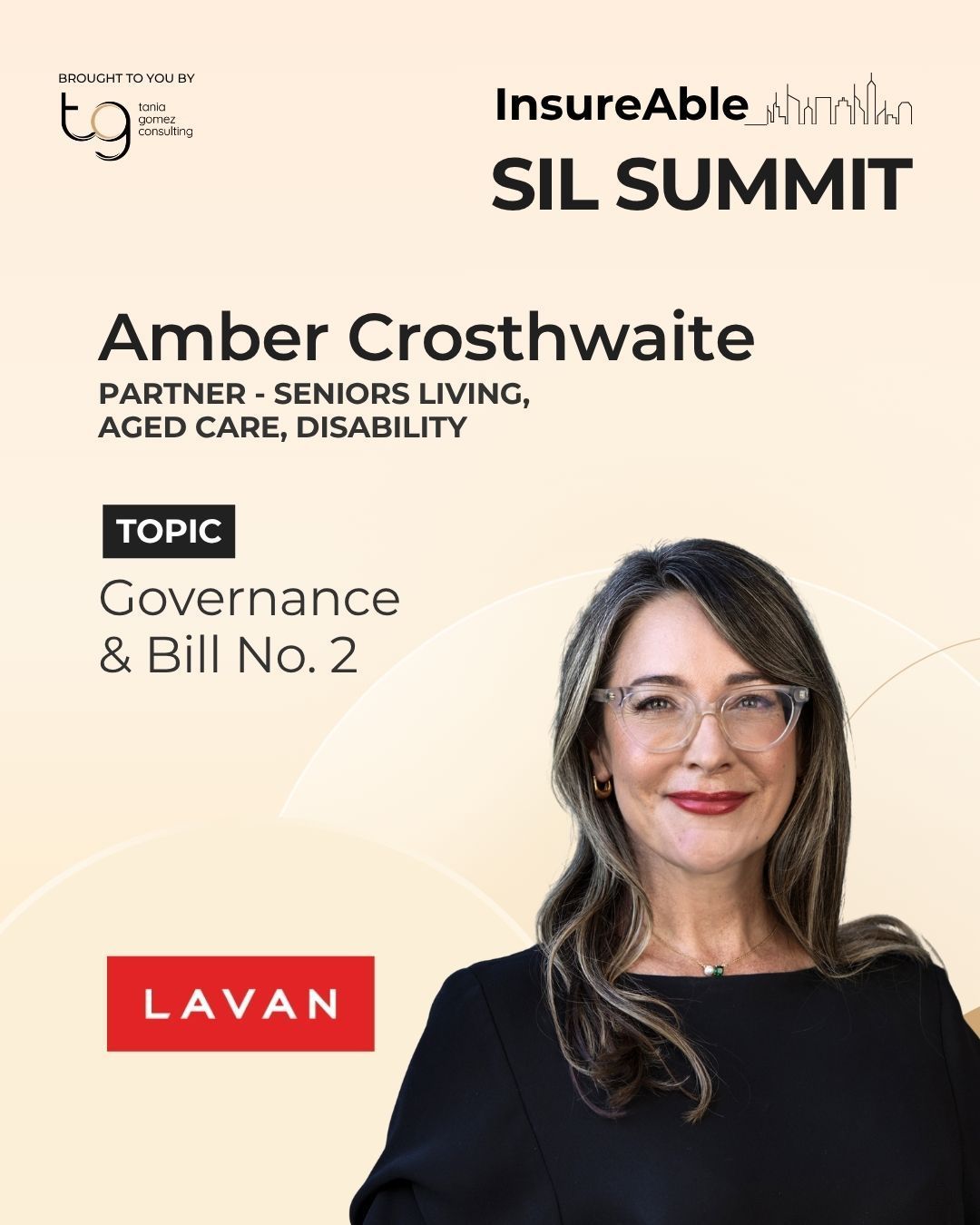 InsureAble SIL Summit poster featuring Amber Crosthwaite and the topic “Governance & Bill No. 2”