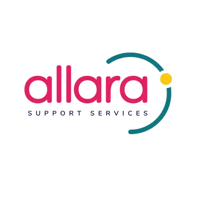Allara Support Services logo in pink and teal with a yellow dot on white background