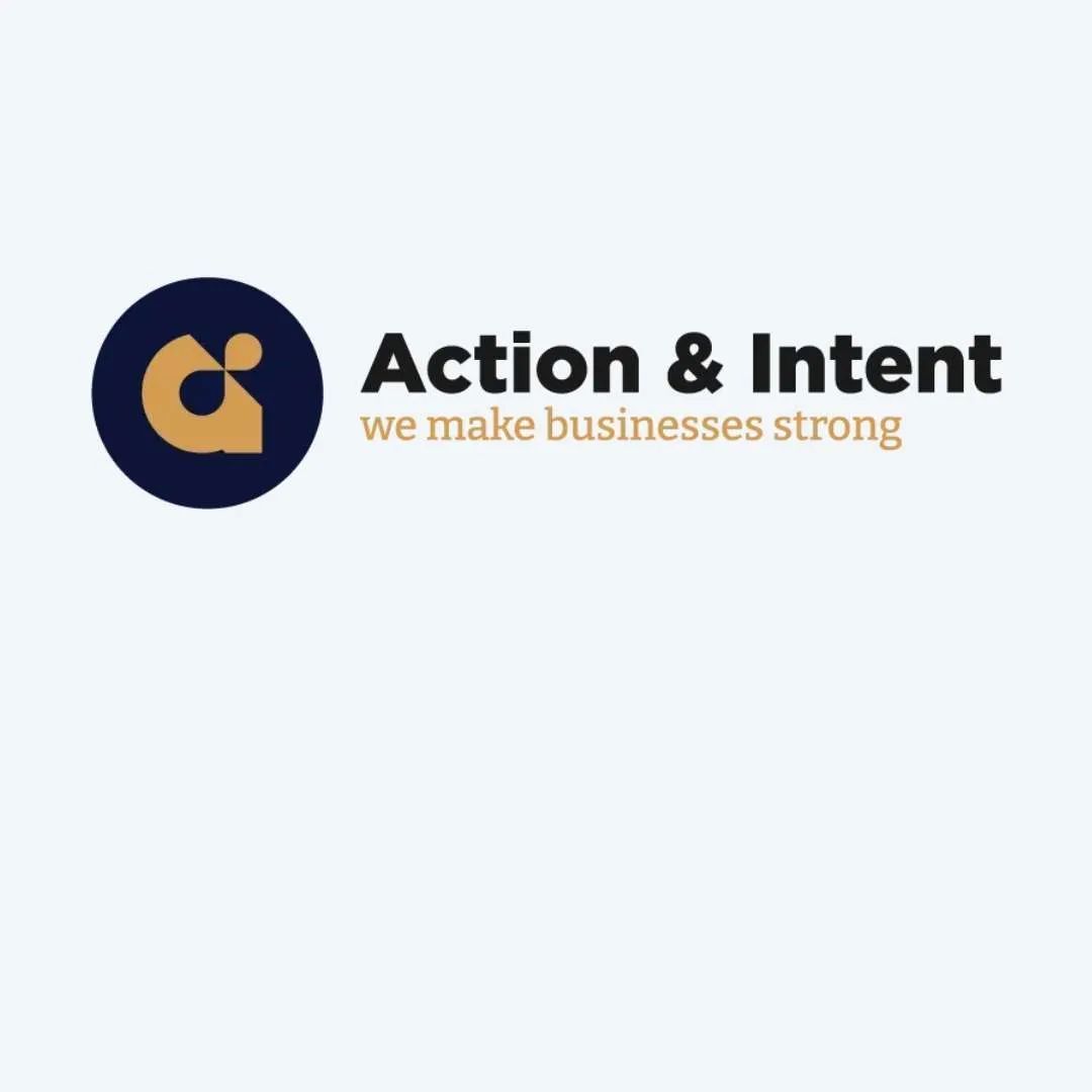 Action & Intent logo on a white background with gold and navy text and icon