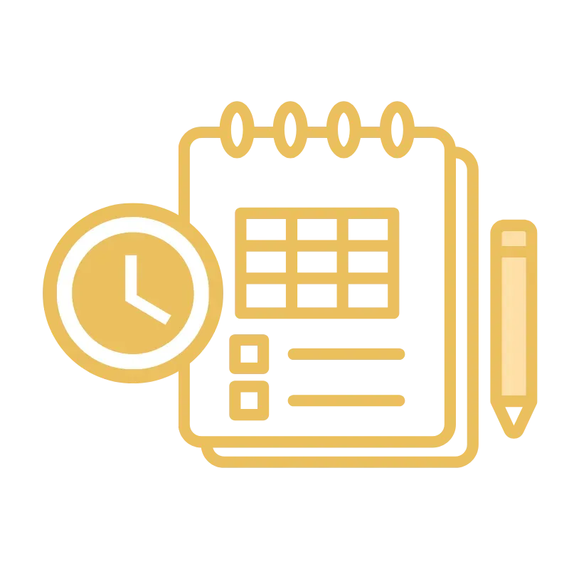 Gold outline of a calendar with clock and pencil, suggesting scheduling or planning