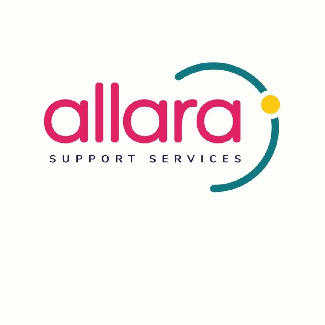 Allara Support Services logo in pink and teal with a yellow dot on a white background