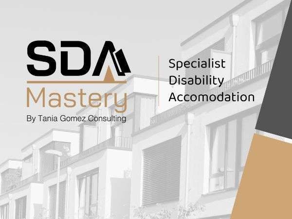 SDA Mastery logo with “Specialist Disability Accommodation” over a gray building background