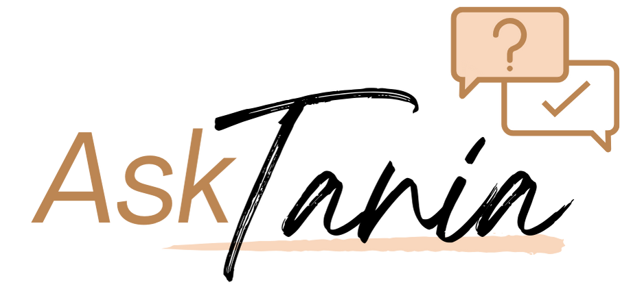 AskTania logo with tan and black script text and two tan chat bubbles, one with a question mark and one with a checkmark