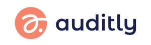 Auditly logo with coral circular icon and navy text on a white background