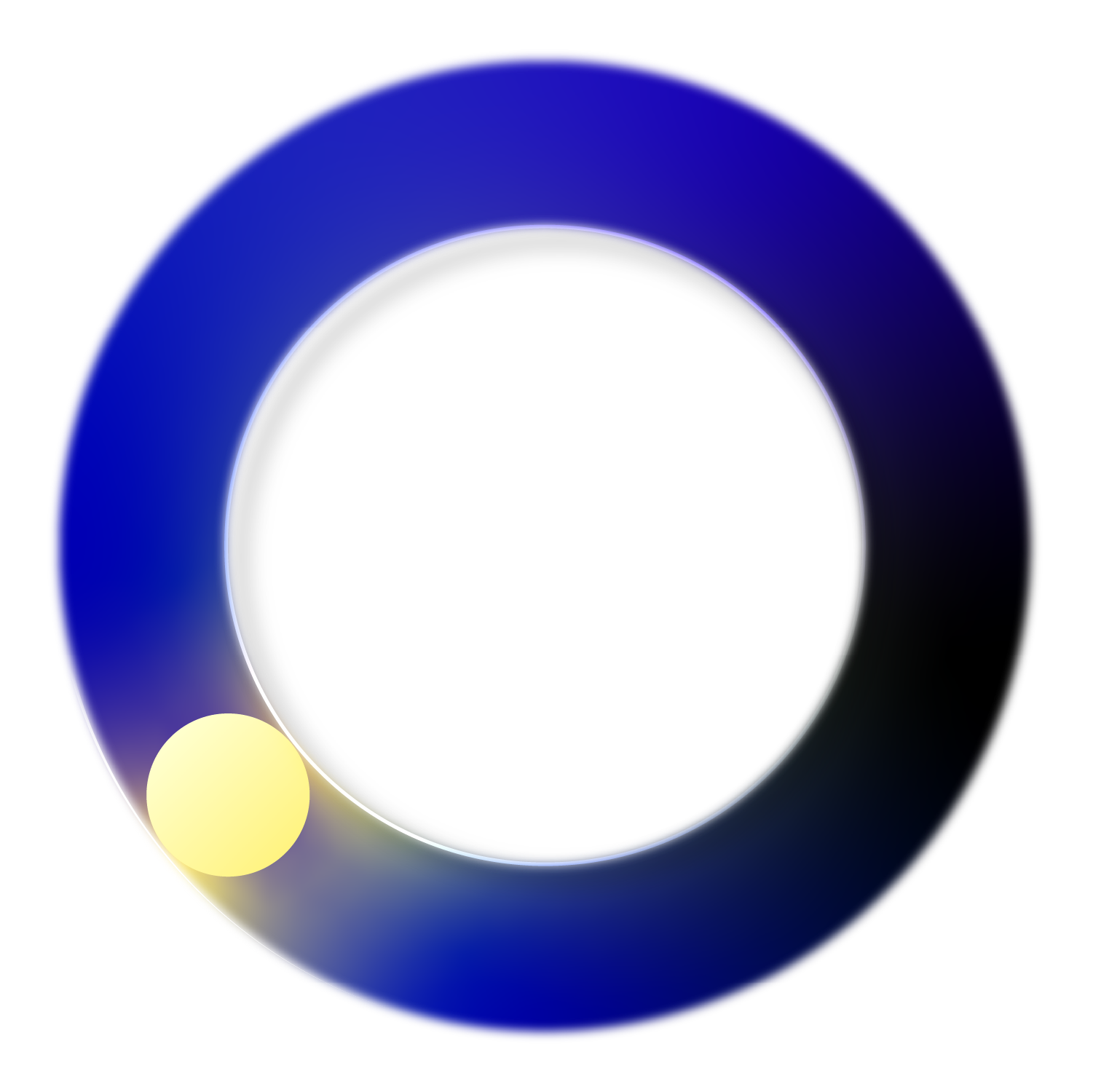 Blue-to-black gradient ring logo with a small yellow circle at the lower left on a white background