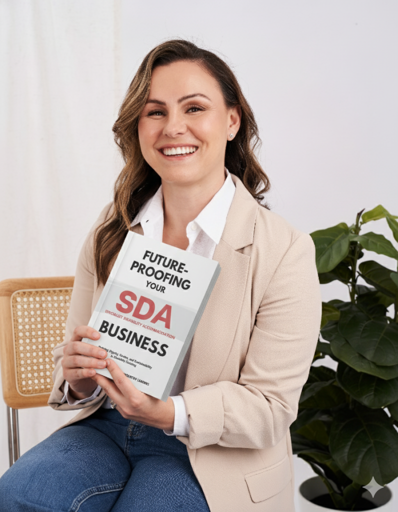 Smiling woman in beige blazer holding a book titled “Future-Proofing Your SDA Business” beside a plant