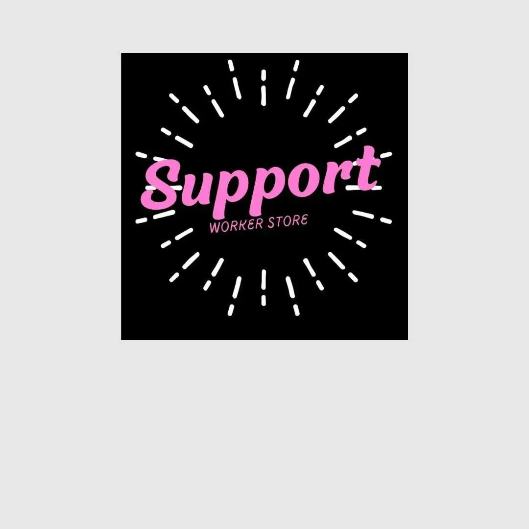 Black square logo with pink “Support” text and small white “WOORER STORE” text, surrounded by white rays