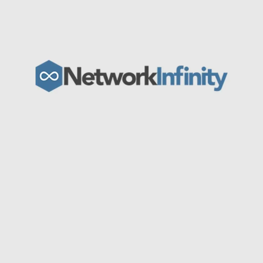 NetworkInfinity logo with blue hexagon infinity icon and black-blue text on a light gray background
