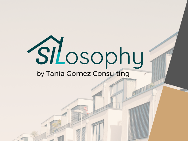 SILosophy logo with “by Tania Gomez Consulting” over a building illustration