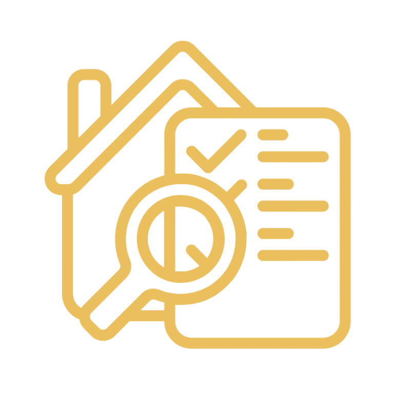 Gold line icon of house with checklist and magnifying glass