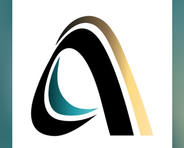 Abstract black, white, teal, and gold stylized letter A logo