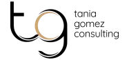 Tania Gomez Consulting logo with stylized black and gold &ldquo;tg&rdquo; on a white background