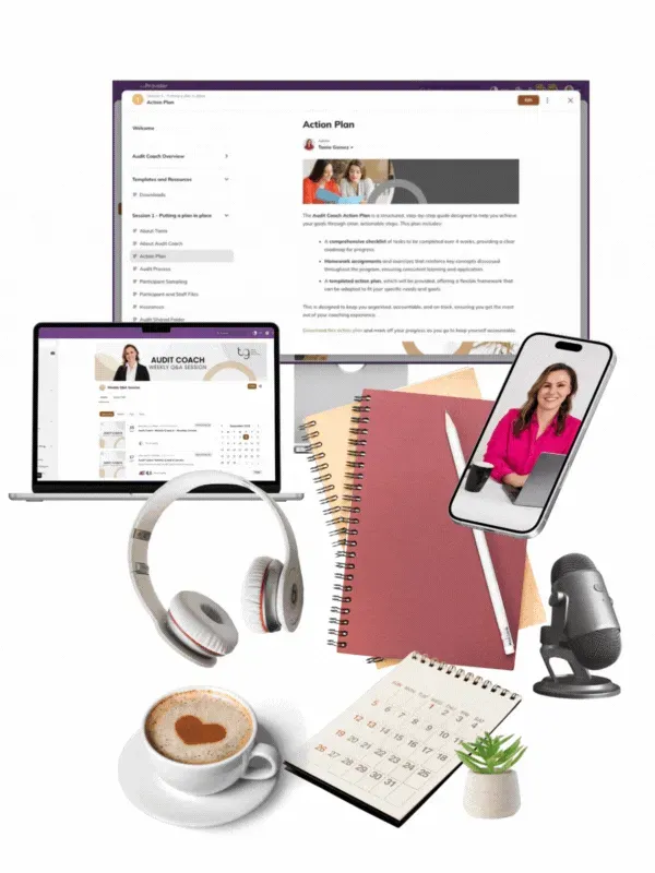 Workspace with laptop, monitor, tablet and headphones beside notebooks, coffee, and a desktop microphone