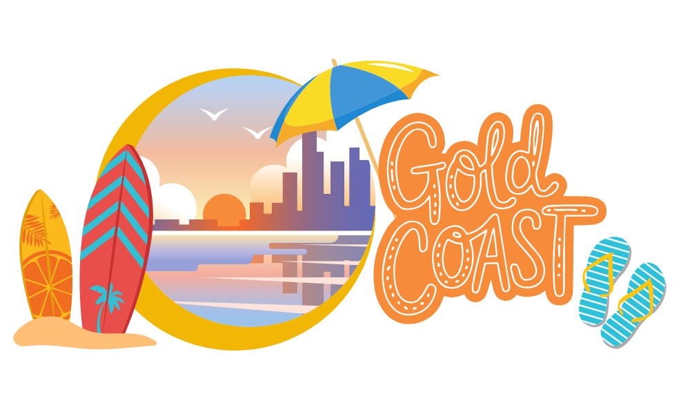 Gold Coast beach logo with surfboards, sunset, city skyline, umbrella, and flip-flops