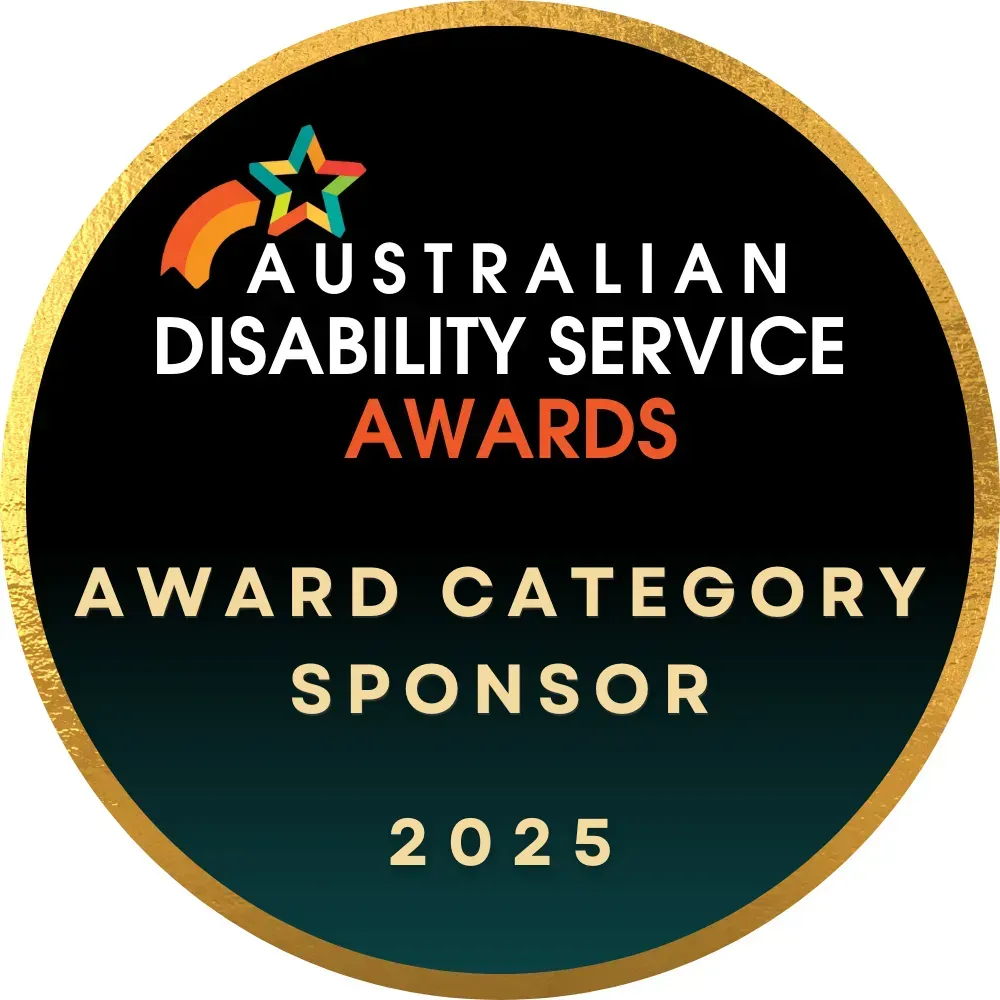 Australian Disability Service Awards 2025 award category sponsor badge on black and gold circle