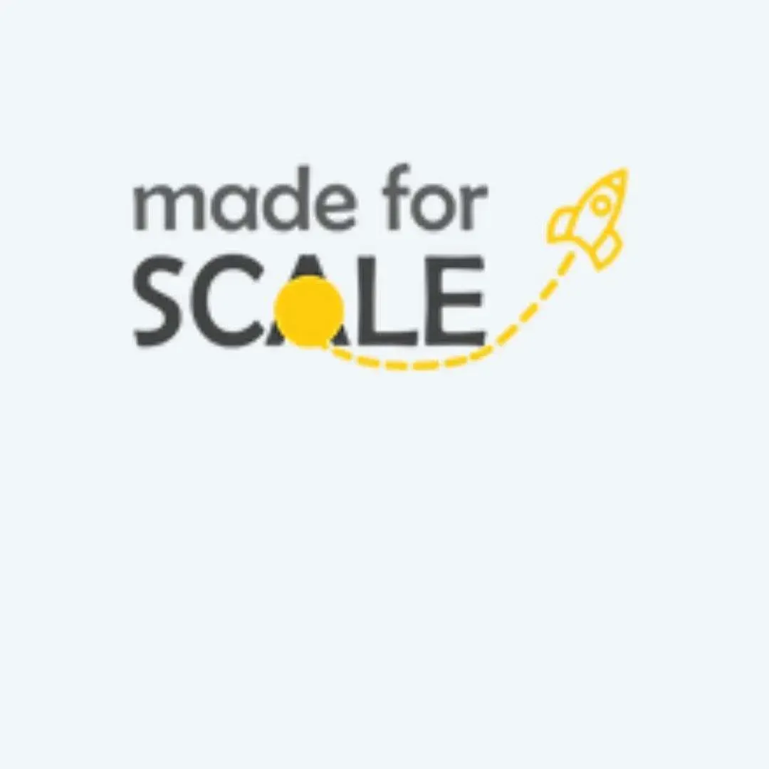 Made for SCALE logo with yellow rocket and dotted flight path on white background