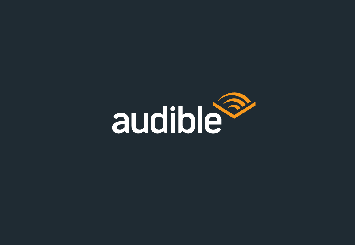 Audible logo on a dark background with white text and orange sound wave icon