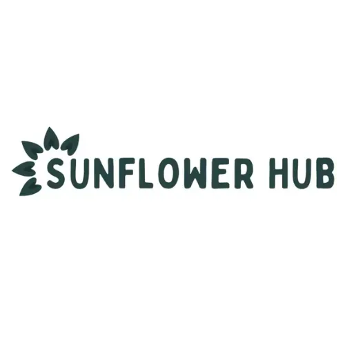 Sunflower Hub logo with dark green leaves and text on a white background