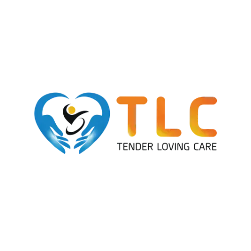 Blue heart logo with child and caregiver beside orange “TLC” text and “Tender Loving Care” subtitle